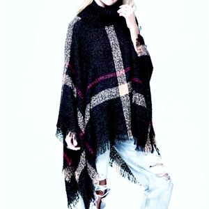 Olivia Sky Plaid Cowl Neck Oversized Poncho with Fringe Sz L/XL